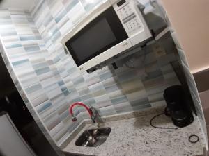 cocina con fregadero y microondas en Apartamento temporada Santa Teresa, en Río de Janeiro