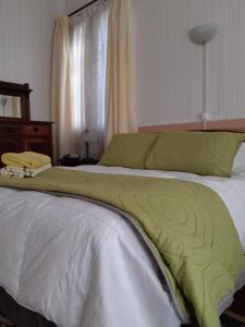 eine grüne Decke auf einem Bett in einem Schlafzimmer in der Unterkunft Hospedaje Mery in Cañete