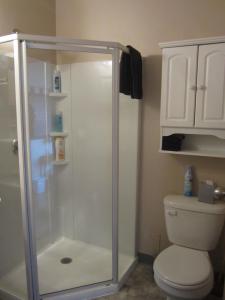 a shower stall in a bathroom with a toilet at Alaska Adventure Cabins in Homer