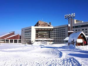 un parcheggio coperto di neve di fronte a un edificio di New Greenpia Tsunan a Tsunan