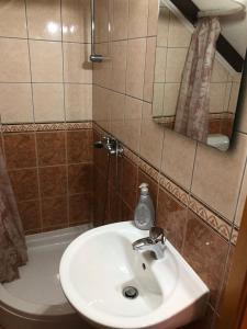 een badkamer met een wastafel, een toilet en een spiegel bij Apartmani Turalija in Kupres +31 foto's