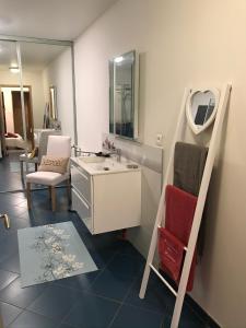 a bathroom with a sink and a mirror at PIVOINE Chambre d hotes in Fralignes