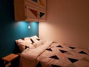 een slaapkamer met een bed met een dekbed erop bij Studio La Touvière in Évian-les-Bains