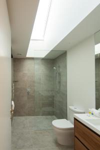 a bathroom with a shower and a toilet and a sink at Villa Kaki in Lake Tekapo