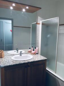 W łazience znajduje się umywalka i prysznic. w obiekcie LA PRADELLA BOLQUERE Pyrénéés 2000 w mieście Bolquere Pyrenees 2000