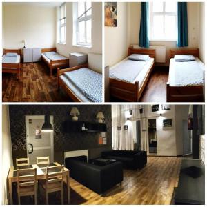 two pictures of a room with two beds and a living room at Hostel Orange Plus in Toruń