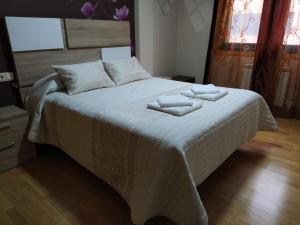 een slaapkamer met een bed met 2 kussens erop bij Piso Tesa in Arévalo
