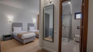 布拉索夫MER Guest House B&B的客房设有两张床、淋浴和镜子