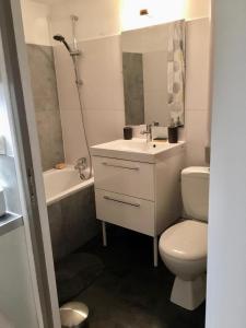 La salle de bains blanche est pourvue de toilettes et d'un lavabo. dans l'établissement Chaleureux appartement en centre ville de Poitiers, à Poitiers
