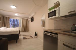 um quarto com uma cama e uma cozinha com um lavatório em Jääskän Loma Apartment Hotel Härmä em Härmä