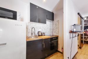 una pequeña cocina con armarios negros y fregadero en Charming studio with parking in Sevrier along Annecy Lake - Welkeys en Sévrier