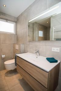 a bathroom with a sink and a toilet and a mirror at Vakantiewoning Hermelijn in Den Burg