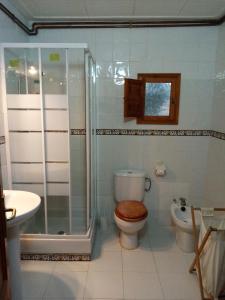 uma casa de banho com um WC, um chuveiro e um lavatório. em Mas Arboretum em La Pobla de Cérvoles