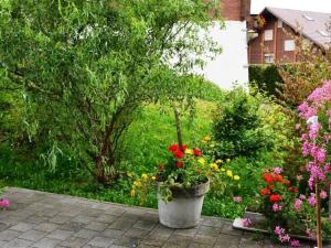 einen gemauerten Garten mit einem großen Blumentopf in der Unterkunft Apartment Spillgerten-Blick by Interhome in Zweisimmen