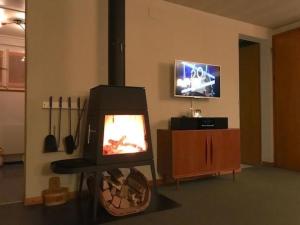 a fireplace in a living room with a tv at Apartment Pony 5-Bettwohnung by Interhome in Lenk