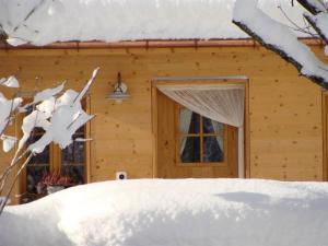 ein Blockhaus mit einem Fenster im Schnee in der Unterkunft Apartment Gwunderstübli by Interhome in Lenk im Simmental
