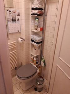 a bathroom with a toilet and a shelf with towels at Homey Budget Bedroom in Amsterdam