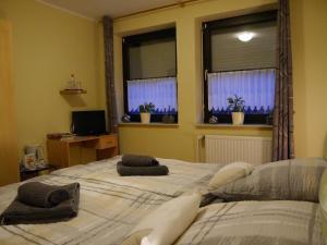 two beds in a room with two windows at Pension Heideweg in Weeze