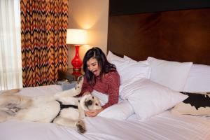a woman laying on a bed with a dog at Hotel 43 Boise in Boise