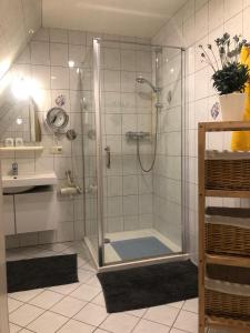 a shower with a glass door in a bathroom at Ferienwohnung Lara "Im Herzen von Ostfriesland" in Osteel