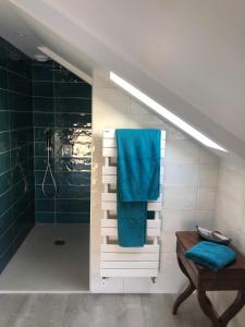 ein Bad mit einer Dusche und einem blauen Handtuch in der Unterkunft Le clos de Lisa in Clohars-Carnoët