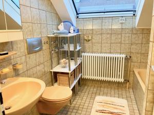 a bathroom with a sink and a toilet and a radiator at Annes Ferienwohnung Freiburg in Vörstetten +35 photos
