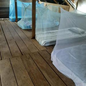 Casa do Xingú في ليتيسيا: أرضية خشبية مع سريرين في خيمة