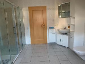 a bathroom with a toilet and a sink and a shower at Ferienwohnung Hochwaldblick 1 in Morbach