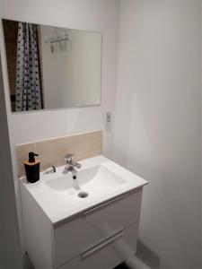 La salle de bains est pourvue d'un lavabo blanc et d'un miroir. dans l'établissement Merlimont Plage - Paola, à Merlimont