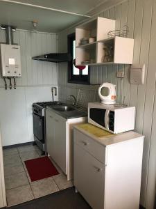 a small kitchen with a sink and a microwave at Mar-al Apartments in Valdivia