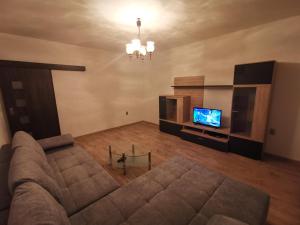 a living room with a couch and a tv at Apartman Anro in Kanianka