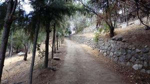 un camino de tierra con árboles y una pared de piedra en Cabañas y Hotel Rural Mirador del Maipo, en San José de Maipo
