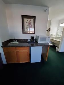 a kitchen with a sink and a microwave on a counter at Super 7 Inn Tecumseh in Tecumseh