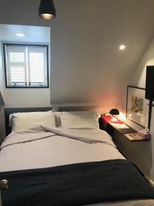 sypialnia z dużym łóżkiem i oknem w obiekcie Pryor Haven Chalet Green Retreat in a Lovely Place w mieście Christchurch