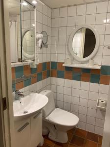 a bathroom with a toilet and a sink and mirrors at Nya Pallas Hotel in Falkenberg