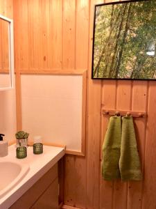 a bathroom with a sink and a towel rack at Villa Karhunkehto in Luosto