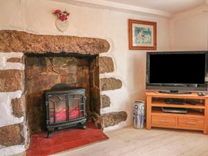a living room with a fireplace and a television at Longview Cottage in Bugle