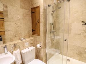 a bathroom with a shower and a toilet and a sink at The Cow Shed in Stanton in Peak