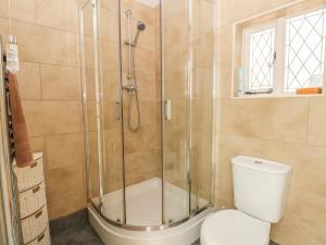 a bathroom with a shower and a toilet at Gun End Cottage in Rushton Spencer +19 photos