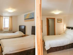 two images of a hotel room with two beds at Lundy View Cottage in Great Torrington