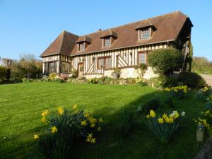 a large house with a green yard with yellow flowers at Le Pressoir in Beuvron-en-Auge