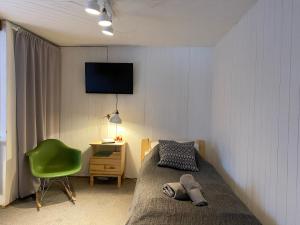 1 dormitorio con 1 cama y 1 silla verde en Domek Leśny, en Zakopane