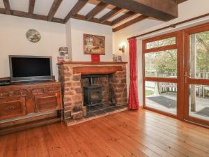 a living room with a fireplace and a television at Hazel Lodge in Washford