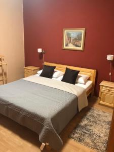 1 dormitorio con 1 cama grande y paredes rojas en Lucky Villa en Hévíz