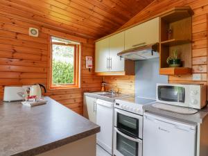 a kitchen with white appliances in a wooden cabin at The Spinney Lodge in Jedburgh