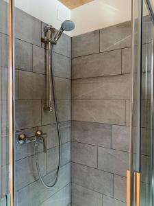 a shower in a bathroom with a glass door at Hotelski in Verbier
