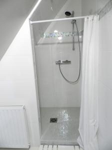 y baño con ducha y cortina de ducha. en Le Pressoir en Beuvron-en-Auge