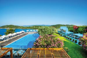 コウコウナリスにあるSkiathos Palace Hotelのリゾートのプールの景色を望めます。