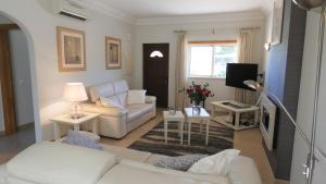 ein Wohnzimmer mit einem weißen Sofa und einem TV in der Unterkunft LakeView Boavista in Lagos