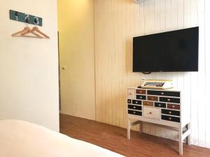 1 dormitorio con TV en la parte superior de un tocador en 墾丁寵物友善 鐵宿 Tetsu B&B, en Nanwan